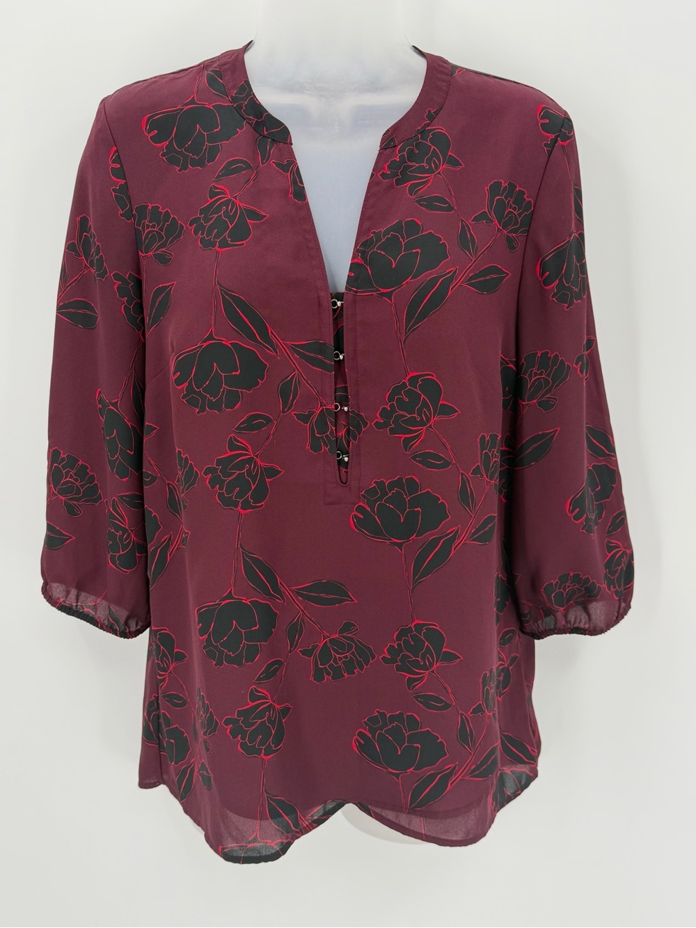 Maurices Blouse Womens S Burgundy Floral Crossover Front 3/4 Sleeves Flowy Top